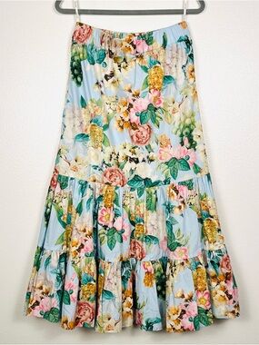 Cara Cara Large Chase Light Blue Floral Tiered Cotton Pull-On Maxi Skirt